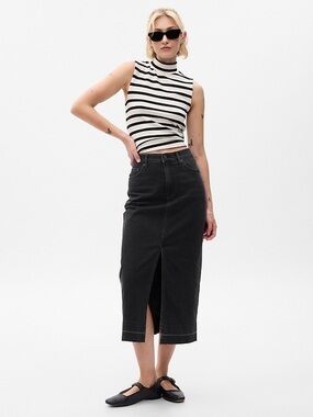 High-Waist Black Midi Skirt with Front Slit - Size 27/ 4